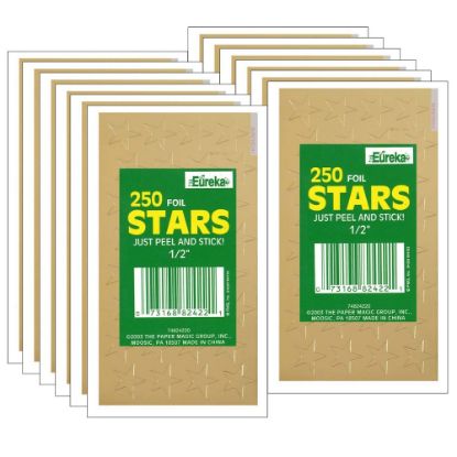 Picture of Eureka Presto-Stick Foil Star Stickers, 1/2in, Gold, 250 Stickers Per Pack, Set Of 12 Packs