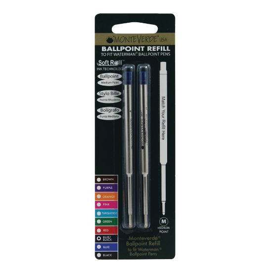 Picture of Monteverde Ballpoint Refills For Waterman Ballpoint Pens, Medium Point, 0.7 mm, Blue/Black, Pack Of 2 Refills