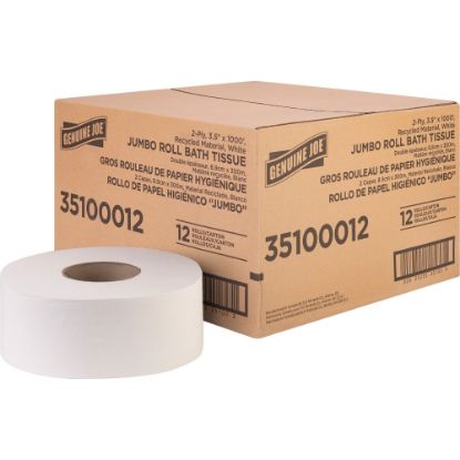 Picture of Genuine Joe Jumbo Jr Dispenser Bath Tissue Roll - 2 Ply - 3.50in x 1000 ft - 8.88in Roll Diameter - White - Fiber - 12 / Carton