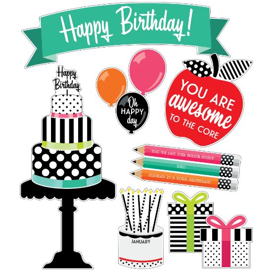 Picture of Schoolgirl Style Black, White & Stylish Brights Birthday Bulletin Board Set, Set Of 30 Pieces