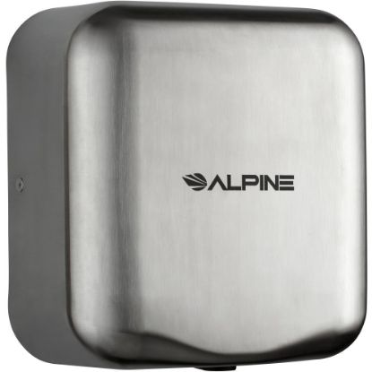 Picture of Alpine Industries Hemlock 220-Volt Commercial Automatic High-Speed Electric Hand Dryer With Wall Guard, Brushed Silver