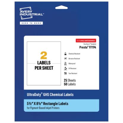 Picture of Avery Ultra Duty Permanent GHS Chemical Labels, 97194-WMUI25, Rectangle, 5-1/2in x 8-1/2in, White, Pack Of 50