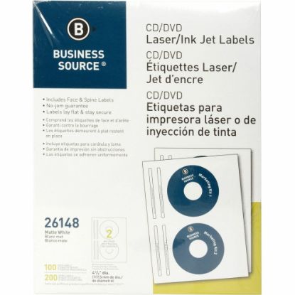 Picture of Business Source CD/DVD Labels - - Height4 5/8in Diameter - Permanent Adhesive - Circle - Inkjet, Laser - White - 100 / Pack - Lignin-free, Smudge Resistant