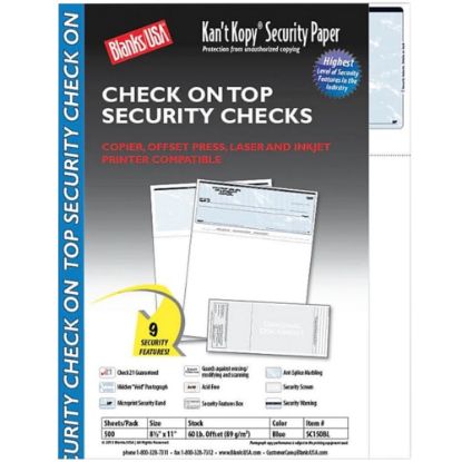 Picture of Blanks/USA KanT Kopy Security Check-On-Top Paper, Letter Size (8 1/2in x 11in), Pack Of 500 Checks, Void Blue