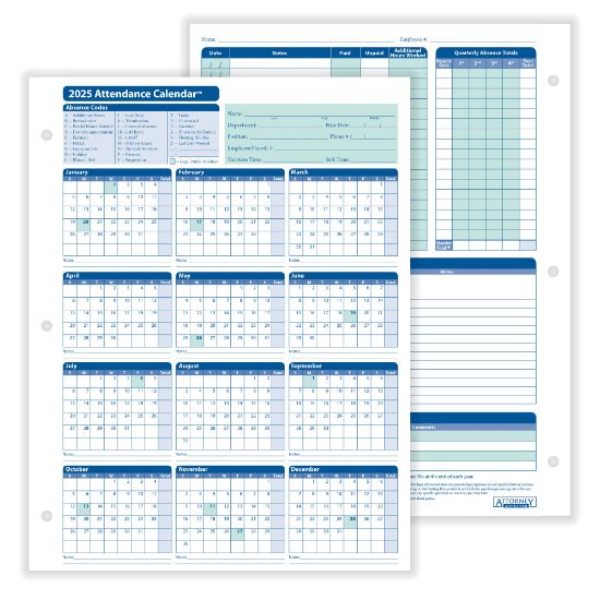 Picture of ComplyRight 2025 Attendance Calendar Cards, 8 1/2in x 11in, White, Pack Of 50