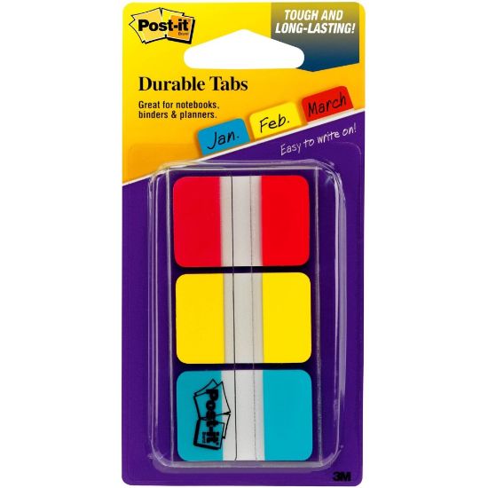 Picture of Post-it Durable Tabs - 36 Write-on Tab(s) - 1.50in Tab Height x 1in Tab Width - Red, Yellow, Blue Tab(s) - Wear Resistant, Tear Resistant, Repositionable - 1 / Pack