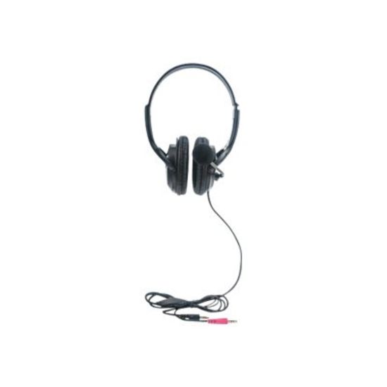 Picture of Manhattan Stereo Headset (Clearance Pricing), Lightweight, adjustable microphone, in-line volume control, padded cloth ear cushions, two 3.5mm jack input plugs, cable 2m, Black, 3 year warranty, Box - Headset - full size - wired - 3.5 mm jack - black