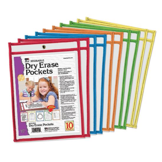 Picture of Charles Leonard Reusable Dry-Erase Pockets, 12in x 9in, Assorted Colors, Pack Of 10 Pockets