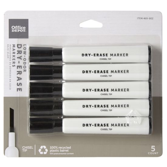 Picture of Office Depot Brand Low-Odor Dry-Erase Markers, Chisel Point, 100% Recycled Plastic Barrel, Black, Pack Of 5