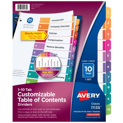 Picture of Avery Ready Index 1-10 Tab Binder Dividers With Customizable Table Of Contents, 8-1/2in x 11in, 10 Tab, White/Multicolor, 1 Set