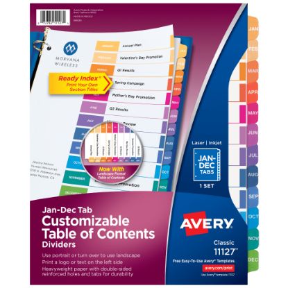 Picture of Avery Ready Index Jan-Dec Tab With Customizable Table Of Contents Binder Dividers, 8-1/2in x 11in, 12 Tab, Multicolor, 1 Set