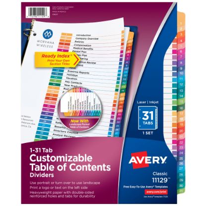 Picture of Avery Ready Index 1-31 Tab Binder Dividers With Customizable Table Of Contents, 8-1/2in x 11in, 31 Tab, White/Multicolor, 1 Set