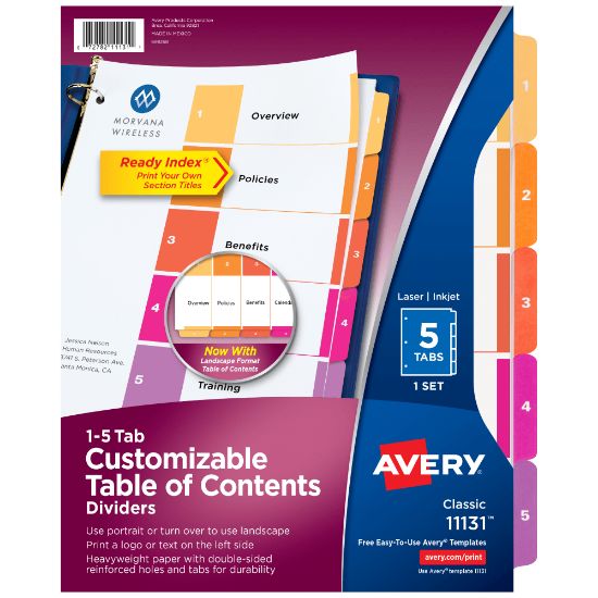 Picture of Avery Ready Index 1-5 Tab Binder Dividers With Customizable Table Of Contents, 8-1/2in x 11in, 5 Tab, White/Multicolor, 1 Set