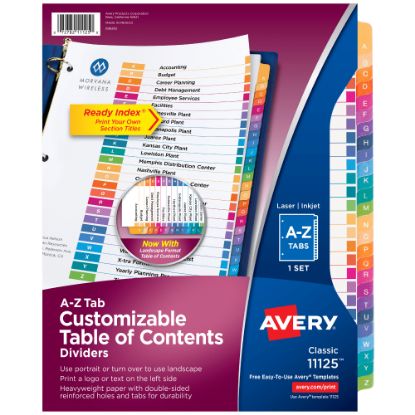 Picture of Avery Ready Index A-Z Tab With Customizable Table of Contents Binder Dividers, 8-1/2in x 11in, 26 Tab, Multicolor, 1 Set