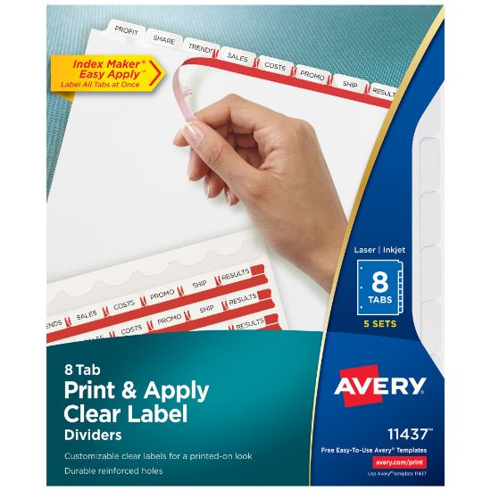 Picture of Avery Customizable Index Maker Dividers For 3 Ring Binder, Easy Print & Apply Clear Label Strip, 8 Tab, White, Pack Of 5 Sets