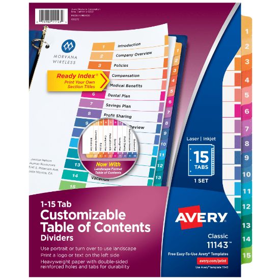 Picture of Avery Ready Index 1-15 Tab Binder Dividers With Customizable Table Of Contents, 8-1/2in x 11in, 15 Tab, White/Multicolor, 1 Set