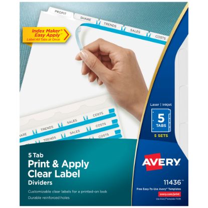 Picture of Avery Customizable Index Maker Dividers for 3 Ring Binder, Easy Print & Apply Clear Label Strip, 5 Tab, White, Pack Of 5 Sets