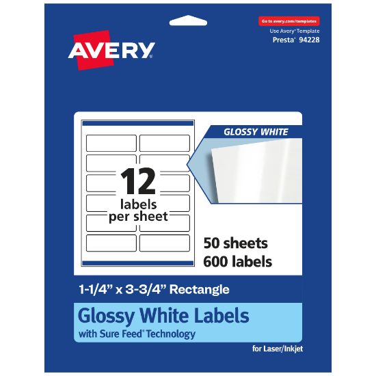 Picture of Avery Glossy Permanent Labels With Sure Feed, 94228-WGP50, Rectangle, 1-1/4in x 3-3/4in, White, Pack Of 600