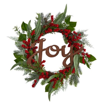 Picture of Nearly Natural Joy And Berries 24inH Evergreen Artificial Christmas Wreath, 24in x 4in, Green