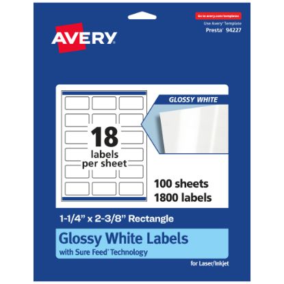 Picture of Avery Glossy Permanent Labels With Sure Feed, 94227-WGP100, Rectangle, 1-1/4in x 2-3/8in, White, Pack Of 1,800