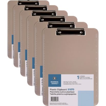 Picture of Business Source Flat Clip Plastic Clipboard - 9in x 12in - Plastic - Smoke - 6 / Bundle