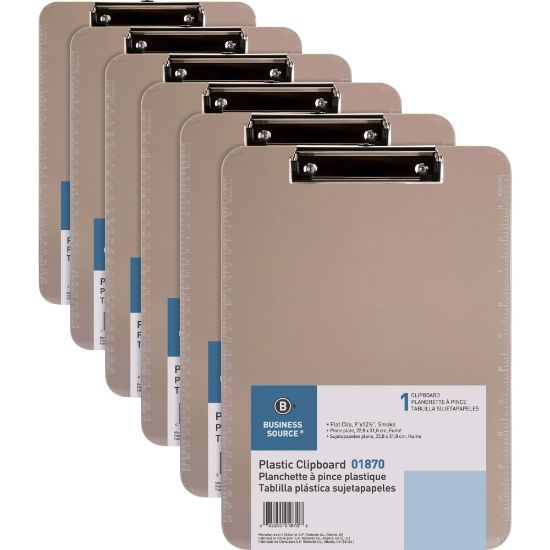 Picture of Business Source Flat Clip Plastic Clipboard - 9in x 12in - Plastic - Smoke - 6 / Bundle