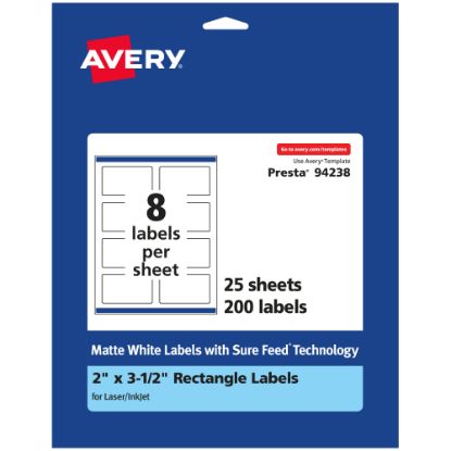 Picture of Avery Permanent Labels With Sure Feed, 94238-WMP25, Rectangle, 2in x 3-1/2in, White, Pack Of 200