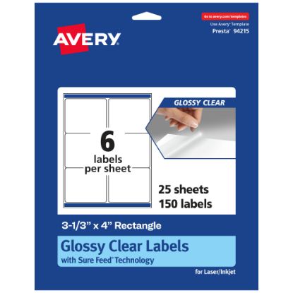 Picture of Avery Glossy Permanent Labels With Sure Feed, 94215-CGF25, Rectangle, 3-1/3in x 4in, Clear, Pack Of 150