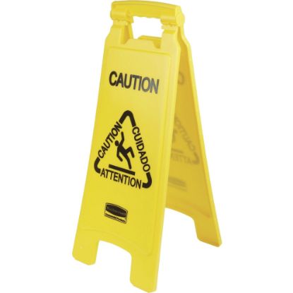 Picture of Rubbermaid Commercial Multi-Lingual Caution Floor Sign - 6 / Carton - Caution, Cuidado, Attention Print/Message - 11in Width x 25in Height x 12in Depth - Rectangular Shape - Hanging - Double Sided - Foldable, Lightweight, Durable, Multilingual