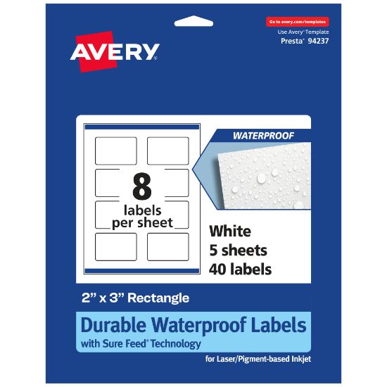 Picture of Avery Waterproof Permanent Labels With Sure Feed, 94237-WMF5, Rectangle, 2in x 3in, White, Pack Of 40