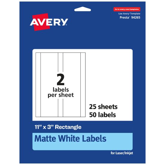 Picture of Avery Permanent Labels, 94265-WMP25, Rectangle, 11in x 3in, White, Pack Of 50