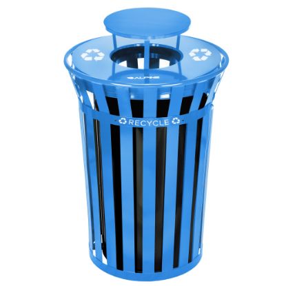 Picture of Alpine Industries Metal Slatted Outdoor Commercial Trash Can Receptacle With Rain Bonnet Lid And Liner, 38 Gallons, Blue