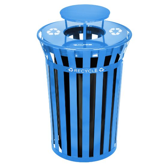 Picture of Alpine Industries Metal Slatted Outdoor Commercial Trash Can Receptacle With Rain Bonnet Lid And Liner, 38 Gallons, Blue