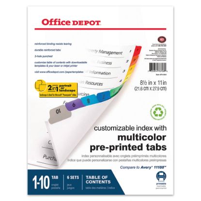 Picture of Office Depot Brand Table Of Contents Customizable Index With Preprinted Tabs, Multicolor, Numbered 1-10, Pack Of 6 Sets