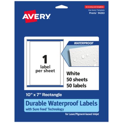 Picture of Avery Waterproof Permanent Labels With Sure Feed, 94263-WMF50, Rectangle, 10in x 7in, White, Pack Of 50