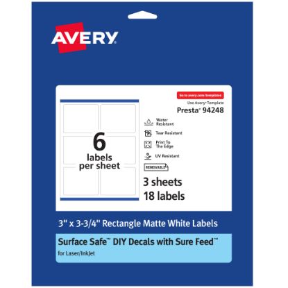 Picture of Avery Durable Removable Labels With Sure Feed, 94248-DRF3, Rectangle, 3in x 3-3/4in, White, Pack Of 18