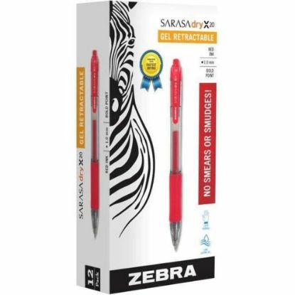 Picture of Zebra Pen SARASA X20 Retractable Gel Pens, Pack Of 12, Bold Point, 1.0 mm, Translucent Barrel, Red Ink