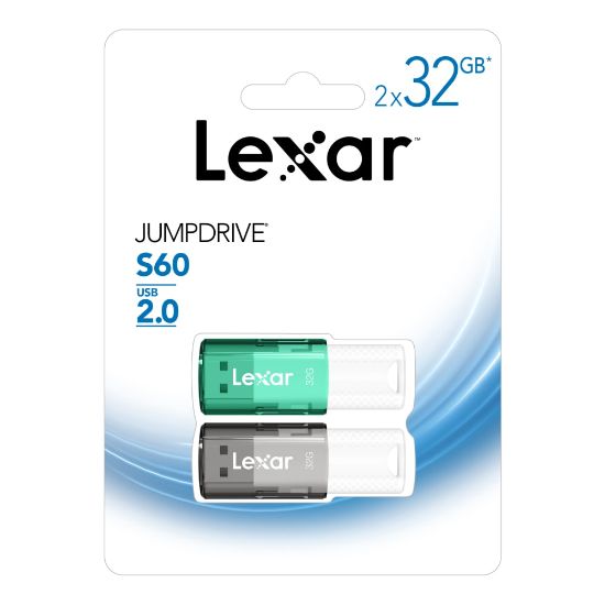 Picture of Lexar JumpDrive S60 USB 2.0 Flash Drives, 32GB, Black/Teal, Pack Of 2 Flash Drives, LJDS60-32GB2NNU