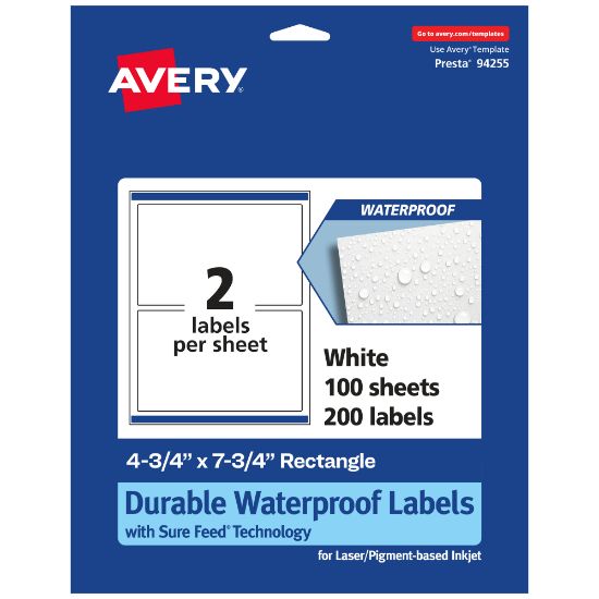 Picture of Avery Waterproof Permanent Labels With Sure Feed, 94255-WMF100, Rectangle, 4-3/4in x 7-3/4in, White, Pack Of 200