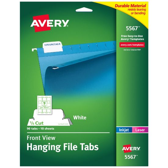 Picture of Avery Printable Hanging File Folder Tabs, 1/5 Cut, White, Pack of 90 (5567)