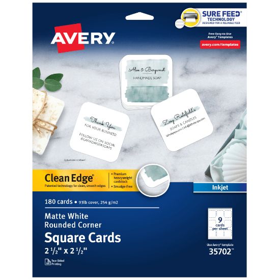 Picture of Avery Clean Edge Printable Square Cards With Sure Feed Technology & Rounded Corners, 2.5in x 2.5in, White, 180 Blank Cards For Inkjet Printers