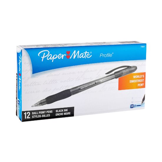 Picture of Paper Mate Profile Ballpoint Stick Pens, Bold Point, 1.4 mm, Translucent Black Barrel, Black Ink, Pack Of 12