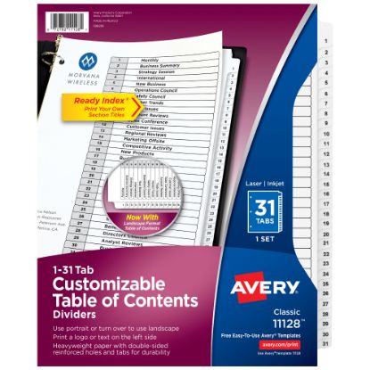 Picture of Avery Ready Index 1-31 Tab With Customizable Table Of Contents Dividers, Letter Size, 31 Tab, White, 1 Set