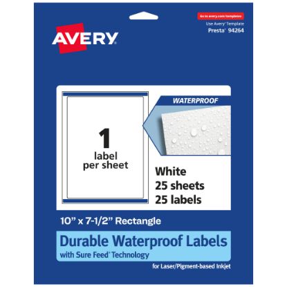 Picture of Avery Waterproof Permanent Labels With Sure Feed, 94264-WMF25, Rectangle, 10in x 7-1/2in, White, Pack Of 25