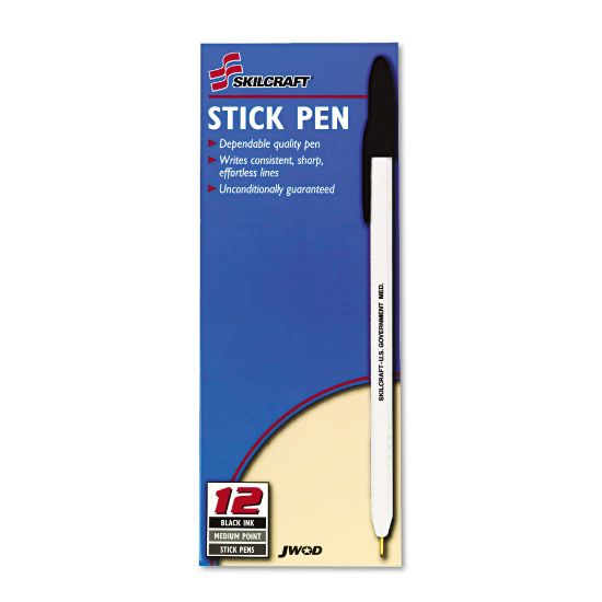 Picture of SKILCRAFT Ballpoint Pens, Medium Point, White Barrel, Black Ink, Pack Of 12