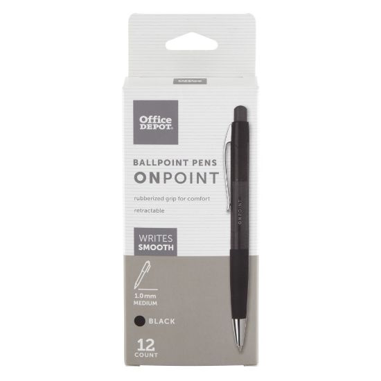 Picture of Office Depot Brand Soft-Grip Retractable Ballpoint Pens, Medium Point, 1.0 mm, Black Barrel, Black Ink, Pack Of 12