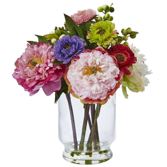 Picture of Nearly Natural 10-1/2inH Plastic Peony And Mum Arrangement With Glass Vase, Pink