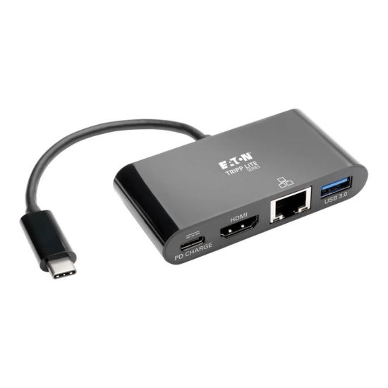 Picture of Tripp Lite USB C to HDMI Multiport Adapter Docking Station 4K USB Type C to HDMI Black, USB-C, USB Type-C, USB Type C - for Notebook/Tablet PC/Desktop PC/Smartphone - 60 W - USB Type C - 2 x USB Ports - 1 x USB 3.0 - Network (RJ-45) - HDMI - Thunderbolt