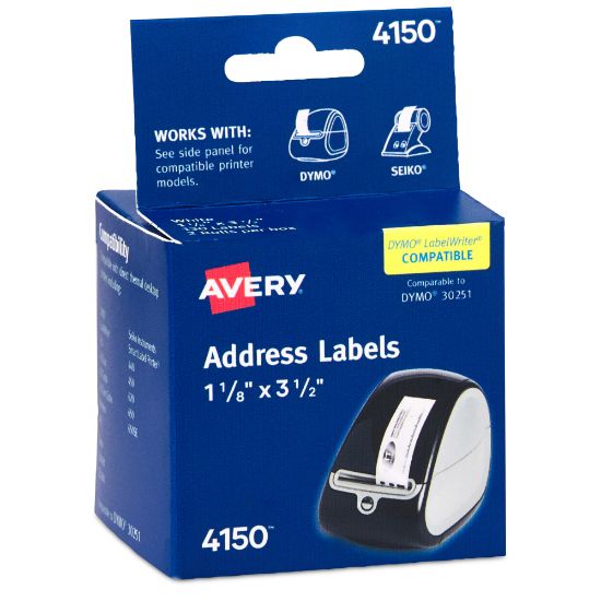 Picture of Avery Direct Thermal Roll Labels, 4150, Rectanlge, 1-1/8in x 3-1/2in, White, 130 Labels Per Roll, Box Of 2 Rolls