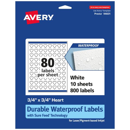 Picture of Avery Waterproof Permanent Labels With Sure Feed, 94601-WMF10, Heart, 3/4in x 3/4in, White, Pack Of 800